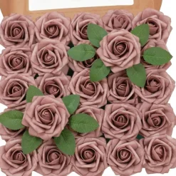 25pcs/set Artificial Flowers Wedding Decoration Rose Bouquets Valentine's Day Gift Real Looking Ivory Foam Fake Roses with Stems for DIY Wedding Bouquets White Bridal
