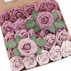 25pcs/set Artificial Flowers Wedding Decoration Rose Bouquets Valentine's Day Gift Real Looking Ivory Foam Fake Roses with Stems for DIY Wedding Bouquets White Bridal