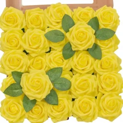 25pcs/set Artificial Flowers Wedding Decoration Rose Bouquets Valentine's Day Gift Real Looking Ivory Foam Fake Roses with Stems for DIY Wedding Bouquets White Bridal