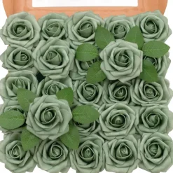 25pcs/set Artificial Flowers Wedding Decoration Rose Bouquets Valentine's Day Gift Real Looking Ivory Foam Fake Roses with Stems for DIY Wedding Bouquets White Bridal