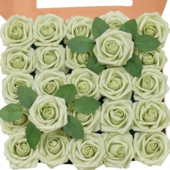25pcs/set Artificial Flowers Wedding Decoration Rose Bouquets Valentine's Day Gift Real Looking Ivory Foam Fake Roses with Stems for DIY Wedding Bouquets White Bridal