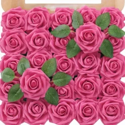 25pcs/set Artificial Flowers Wedding Decoration Rose Bouquets Valentine's Day Gift Real Looking Ivory Foam Fake Roses with Stems for DIY Wedding Bouquets White Bridal