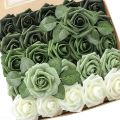 25pcs/set Artificial Flowers Wedding Decoration Rose Bouquets Valentine's Day Gift Real Looking Ivory Foam Fake Roses with Stems for DIY Wedding Bouquets White Bridal
