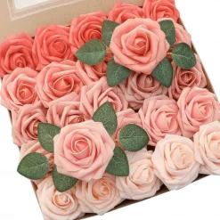 25pcs/set Artificial Flowers Wedding Decoration Rose Bouquets Valentine's Day Gift Real Looking Ivory Foam Fake Roses with Stems for DIY Wedding Bouquets White Bridal