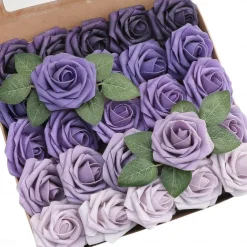 25pcs/set Artificial Flowers Wedding Decoration Rose Bouquets Valentine's Day Gift Real Looking Ivory Foam Fake Roses with Stems for DIY Wedding Bouquets White Bridal