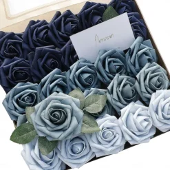 25pcs/set Artificial Flowers Wedding Decoration Rose Bouquets Valentine's Day Gift Real Looking Ivory Foam Fake Roses with Stems for DIY Wedding Bouquets White Bridal