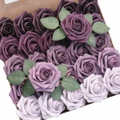 25pcs/set Artificial Flowers Wedding Decoration Rose Bouquets Valentine's Day Gift Real Looking Ivory Foam Fake Roses with Stems for DIY Wedding Bouquets White Bridal