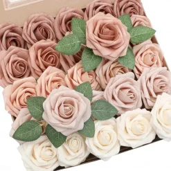 25pcs/set Artificial Flowers Wedding Decoration Rose Bouquets Valentine's Day Gift Real Looking Ivory Foam Fake Roses with Stems for DIY Wedding Bouquets White Bridal