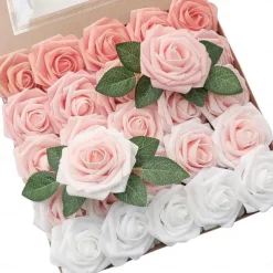25pcs/set Artificial Flowers Wedding Decoration Rose Bouquets Valentine's Day Gift Real Looking Ivory Foam Fake Roses with Stems for DIY Wedding Bouquets White Bridal