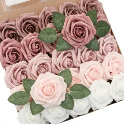 25pcs/set Artificial Flowers Wedding Decoration Rose Bouquets Valentine's Day Gift Real Looking Ivory Foam Fake Roses with Stems for DIY Wedding Bouquets White Bridal