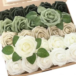 25pcs/set Artificial Flowers Wedding Decoration Rose Bouquets Valentine's Day Gift Real Looking Ivory Foam Fake Roses with Stems for DIY Wedding Bouquets White Bridal