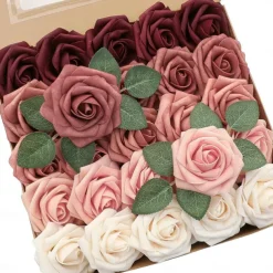 25pcs/set Artificial Flowers Wedding Decoration Rose Bouquets Valentine's Day Gift Real Looking Ivory Foam Fake Roses with Stems for DIY Wedding Bouquets White Bridal