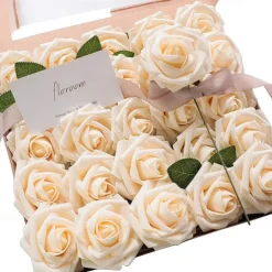 25pcs/set Artificial Flowers Wedding Decoration Rose Bouquets Valentine's Day Gift Real Looking Ivory Foam Fake Roses with Stems for DIY Wedding Bouquets White Bridal