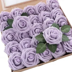 25pcs/set Artificial Flowers Wedding Decoration Rose Bouquets Valentine's Day Gift Real Looking Ivory Foam Fake Roses with Stems for DIY Wedding Bouquets White Bridal