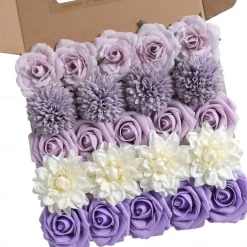 25pcs/set Artificial Flowers Wedding Decoration Rose Bouquets Valentine's Day Gift Real Looking Ivory Foam Fake Roses with Stems for DIY Wedding Bouquets White Bridal