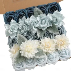 25pcs/set Artificial Flowers Wedding Decoration Rose Bouquets Valentine's Day Gift Real Looking Ivory Foam Fake Roses with Stems for DIY Wedding Bouquets White Bridal