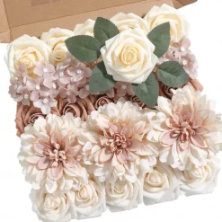 25pcs/set Artificial Flowers Wedding Decoration Rose Bouquets Valentine's Day Gift Real Looking Ivory Foam Fake Roses with Stems for DIY Wedding Bouquets White Bridal