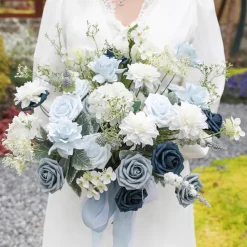 25pcs/set Artificial Flowers Wedding Decoration Rose Bouquets Valentine's Day Gift Real Looking Ivory Foam Fake Roses with Stems for DIY Wedding Bouquets White Bridal