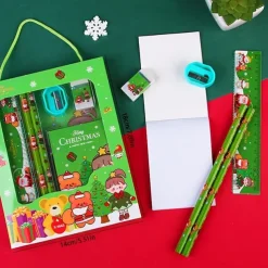 6pcs/set Christmas Portable Stationery Gift Box Set Contain 2 Pencils 1 Pencil Sharpener 1 Eraser 1 Ruler 1 Sticky Note Paper For Primary School Student Children Learning Gift Award