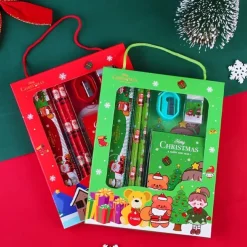 6pcs/set Christmas Portable Stationery Gift Box Set Contain 2 Pencils 1 Pencil Sharpener 1 Eraser 1 Ruler 1 Sticky Note Paper For Primary School Student Children Learning Gift Award