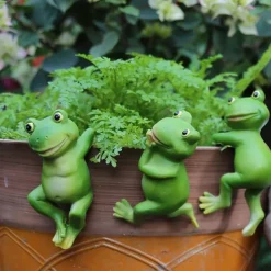 3pcs/set Cute Frog Figurines Hanging Animal Statue, Resin Pot Hanging Climbing Frog Sculpture Outdoor Statues Ornaments Decor For Flower Pot/Fence, Yard Art Figurines For Patio Lawn House