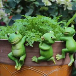 3pcs/set Cute Frog Figurines Hanging Animal Statue, Resin Pot Hanging Climbing Frog Sculpture Outdoor Statues Ornaments Decor For Flower Pot/Fence, Yard Art Figurines For Patio Lawn House