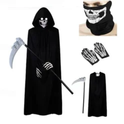 4pcs/set Halloween Party Adult Reaper Black Cloak Skull Mask Gloves Halloween Costume Prop Set