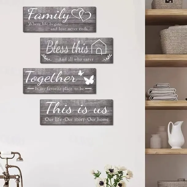 4pcs/set Home Wall Signs THIS IS US TOGETHER BLESS THIS HOME FAMILY Wall Decor For Living Room Bedroom Including Tape