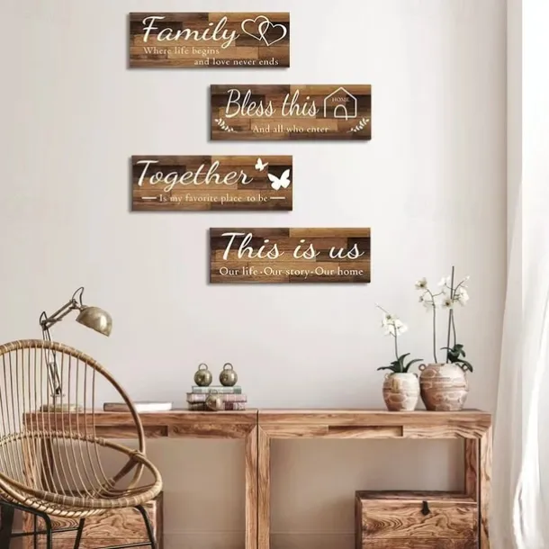 4pcs/set Home Wall Signs THIS IS US TOGETHER BLESS THIS HOME FAMILY Wall Decor For Living Room Bedroom Including Tape