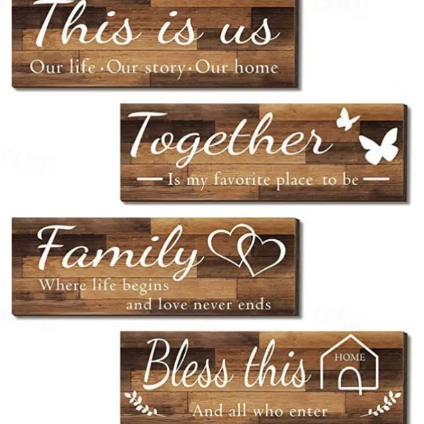 4pcs/set Home Wall Signs THIS IS US TOGETHER BLESS THIS HOME FAMILY Wall Decor For Living Room Bedroom Including Tape