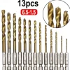 13pcs/set HSS Titanium Coated Drill Bit Set 1/4 Hex Shank 1/16"-1/4" Electric Drill Twist Drill Bit Twist Drill Bit Hex Shank 1.5-6.5mm Hex Handle Twist Drill For Wood, Plastic, Aluminum Alloy, Metal