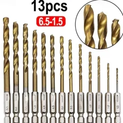 13pcs/set HSS Titanium Coated Drill Bit Set 1/4 Hex Shank 1/16"-1/4" Electric Drill Twist Drill Bit Twist Drill Bit Hex Shank 1.5-6.5mm Hex Handle Twist Drill For Wood, Plastic, Aluminum Alloy, Metal