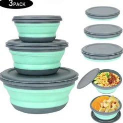 3pcs/set Silicone Folding Lunch Box With Lid Portable Picnic Camping Bowl Set Kitchen Tableware Kit Foldable Fruit Salad Bowl