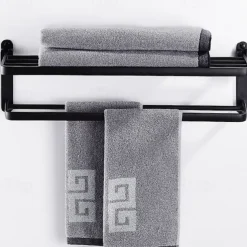 Perforation-free Space Aluminum Bathroom Shelf Foldable Towel Rack Wall mounted 2-tier Matte Black