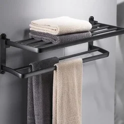 Perforation-free Space Aluminum Bathroom Shelf Foldable Towel Rack Wall mounted 2-tier Matte Black