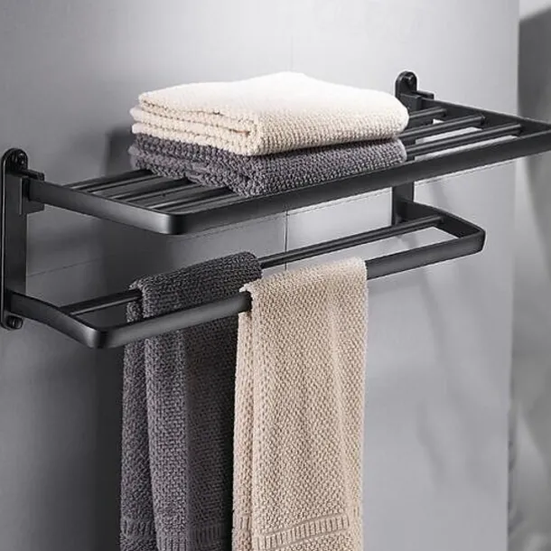Perforation-free Space Aluminum Bathroom Shelf Foldable Towel Rack Wall mounted 2-tier Matte Black