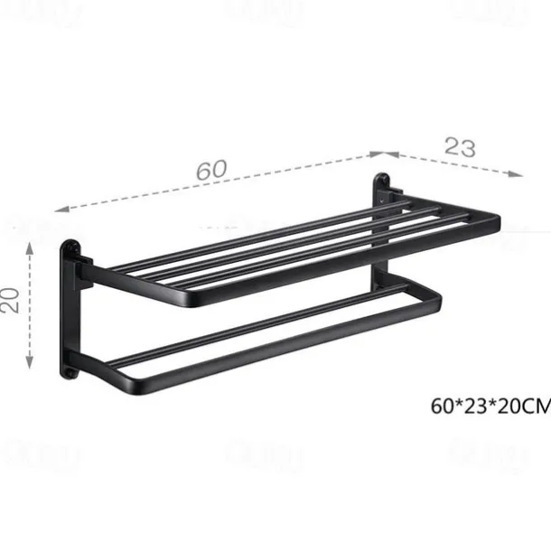 Perforation-free Space Aluminum Bathroom Shelf Foldable Towel Rack Wall mounted 2-tier Matte Black