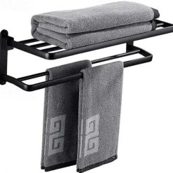 Perforation-free Space Aluminum Bathroom Shelf Foldable Towel Rack Wall mounted 2-tier Matte Black