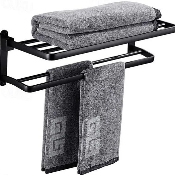 Perforation-free Space Aluminum Bathroom Shelf Foldable Towel Rack Wall mounted 2-tier Matte Black