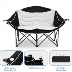 2-Person Oversized Camping Chair with 650 lb Capacity - Padded, Wine Glass Rack & Cup Holders, Lightweight Portable Foldable Design, Durable 600D Oxford Fabric & Steel Frame for Camping, Beach, Backya