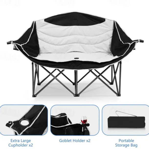2-Person Oversized Camping Chair with 650 lb Capacity - Padded, Wine Glass Rack & Cup Holders, Lightweight Portable Foldable Design, Durable 600D Oxford Fabric & Steel Frame for Camping, Beach, Backya