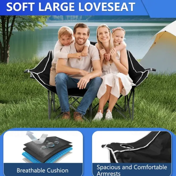 2-Person Oversized Camping Chair with 650 lb Capacity - Padded, Wine Glass Rack & Cup Holders, Lightweight Portable Foldable Design, Durable 600D Oxford Fabric & Steel Frame for Camping, Beach, Backya