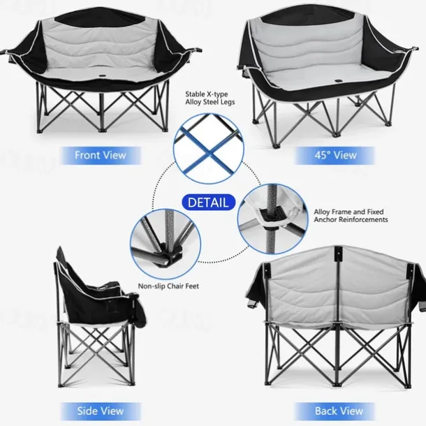 2-Person Oversized Camping Chair with 650 lb Capacity - Padded, Wine Glass Rack & Cup Holders, Lightweight Portable Foldable Design, Durable 600D Oxford Fabric & Steel Frame for Camping, Beach, Backya