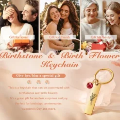 Personalized Birthstone Keychain Custom Best Gift for Mom - Birthflower Stainless Steel Pendant, Custom Wedding Gift for Couple, Gift for Women, Friends, or Lover