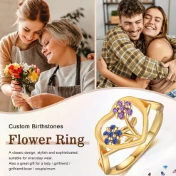 Personalized Custom Flower Ring Custom Best Gift for Mom – Birthstone and Name Jewelry, Unique Mother's Day Gift, Valentine's Day, Anniversary Jewelry for Mom, Partner, Friend