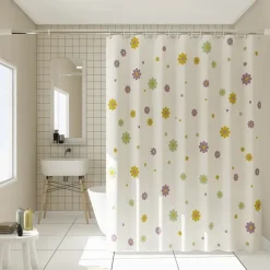 PEVA Shower Curtain Floral Pattern Printed Bath Curtain Waterproof Mildew Proof, Including Hooks 180x180cm 70