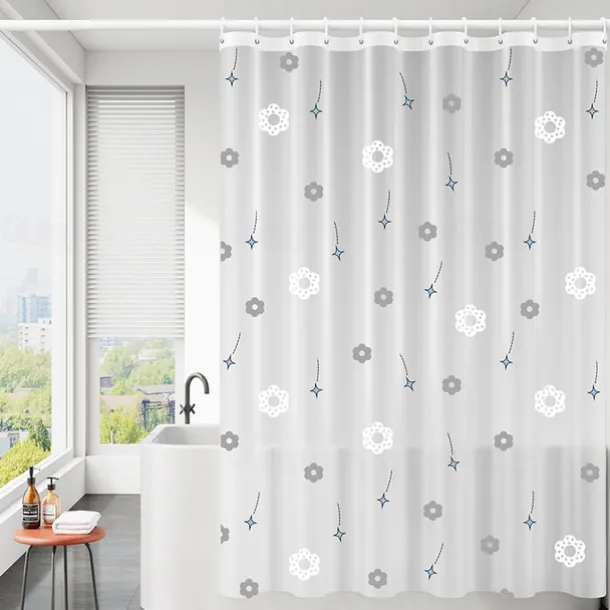 PEVA Shower Curtain Pattern Printed Bath Curtain Waterproof Mildew Proof, Including Hooks 180x180cm 70"x70" 200cm Long