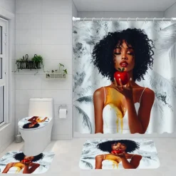 4-Piece Bathroom Set, Waterproof Polyester Shower Curtain with 12 Hooks, Non-Slip Toilet Seat Cover & Sturdy Bath Mat, Fashionable African American Women Design for Home Decor