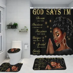 4-Piece Bathroom Set, Waterproof Polyester Shower Curtain with 12 Hooks, Non-Slip Toilet Seat Cover & Sturdy Bath Mat, Fashionable African American Women Design for Home Decor