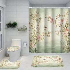 4-Piece Bathroom Set, Waterproof Polyester Shower Curtain with 12 Hooks 180cm*180cm(70